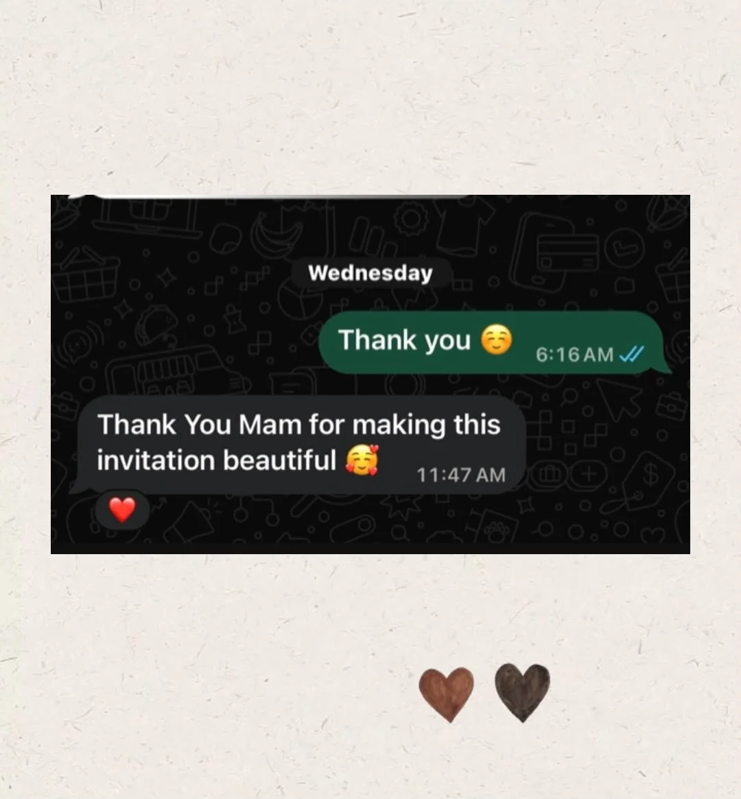 Original customer WhatsApp conversation thanking InviteStory for their invitation